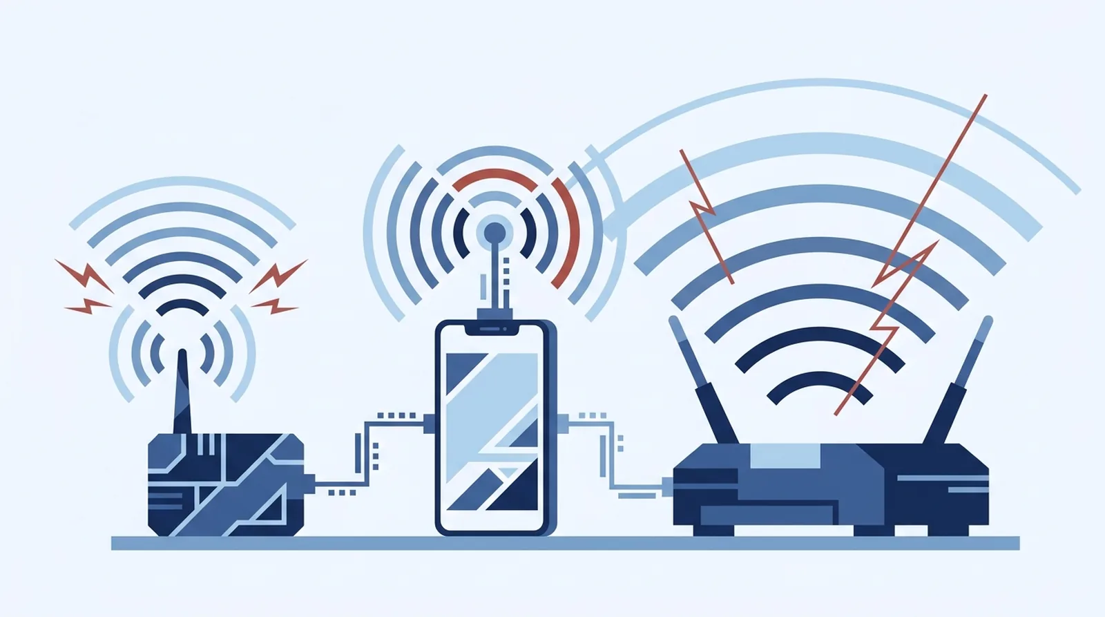 Routeur de poche, smartphone et box 4G a antennes externes cote a cote, chacun emettant des arcs de signal de portee differente
