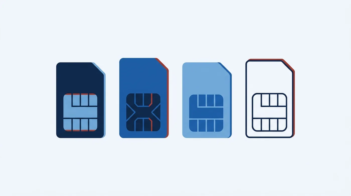 Quatre cartes SIM stylisées alignées, de tailles et de teintes différentes, la dernière dessinée en contour seul