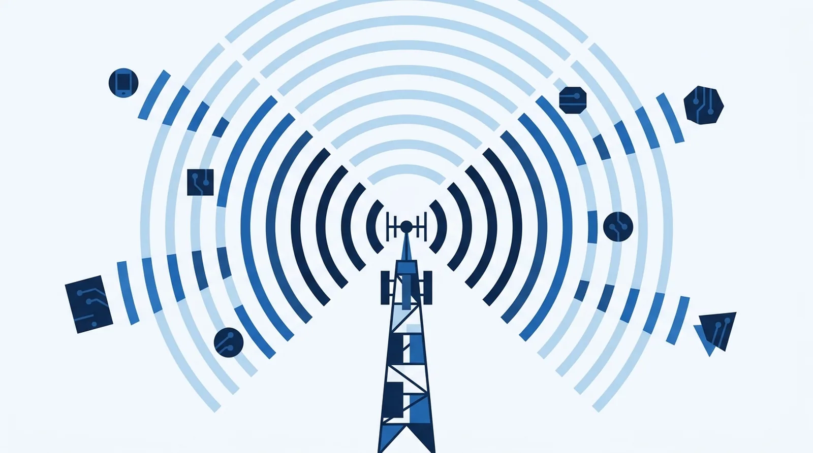 Antenne relais diffusant des arcs de signal vers plusieurs appareils places a des distances differentes, illustrant une cellule mobile partagee