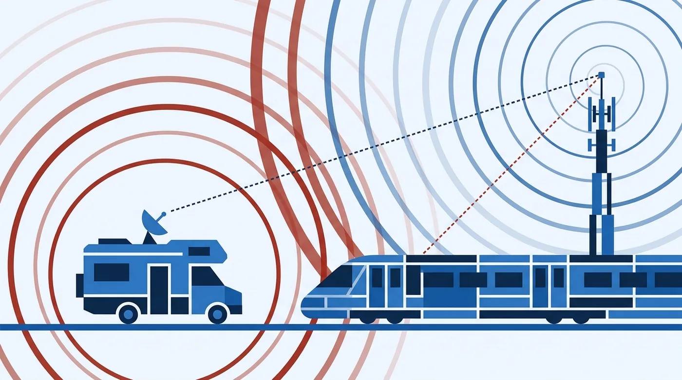 Un camping-car et une voiture de train reliés par des liaisons discontinues à une antenne relais éloignée, entourés d'arcs de signal